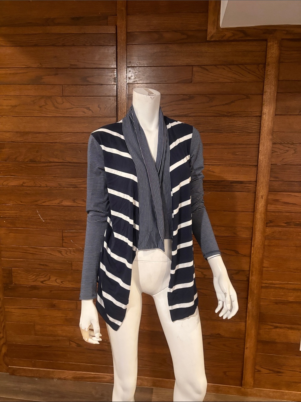 Cielo Navy and White Striped Open Drape Cardigan